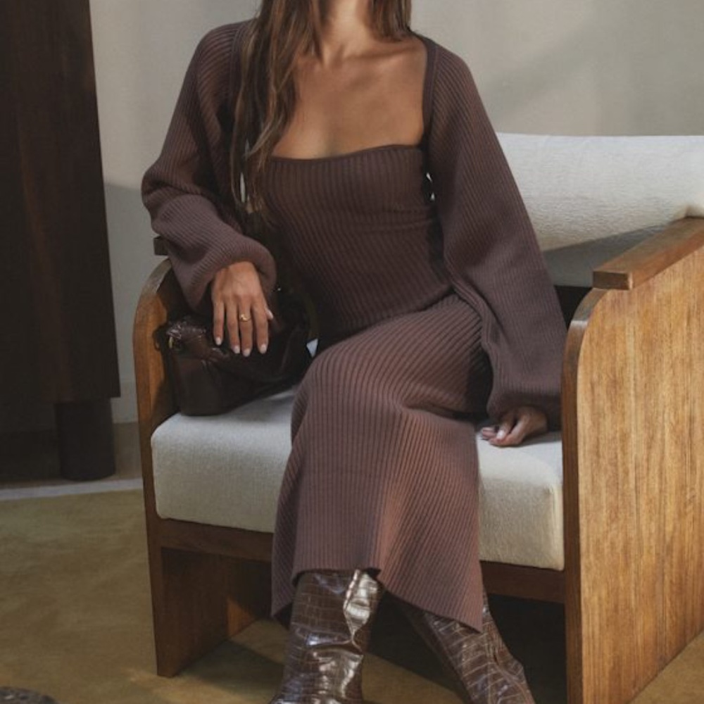 Autumn Aura Brown Ribbed Two-Piece Sweater Dress